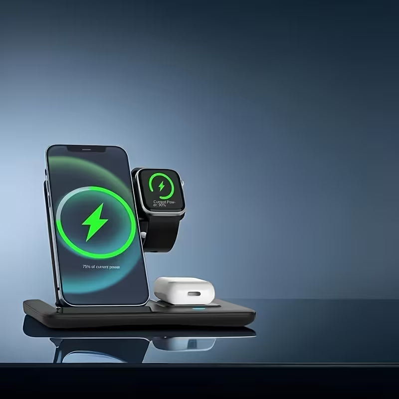 3-in-1 Fast Charging Station | Folding Wireless Charger Stand for iPhone 17/16/15/14/13/12/11/Pro/Max/Mini/8/Plus/X/XR/XS/X/SE, IWatch Ultra/Ultra2/10/9/8/7/6/5/4/3/