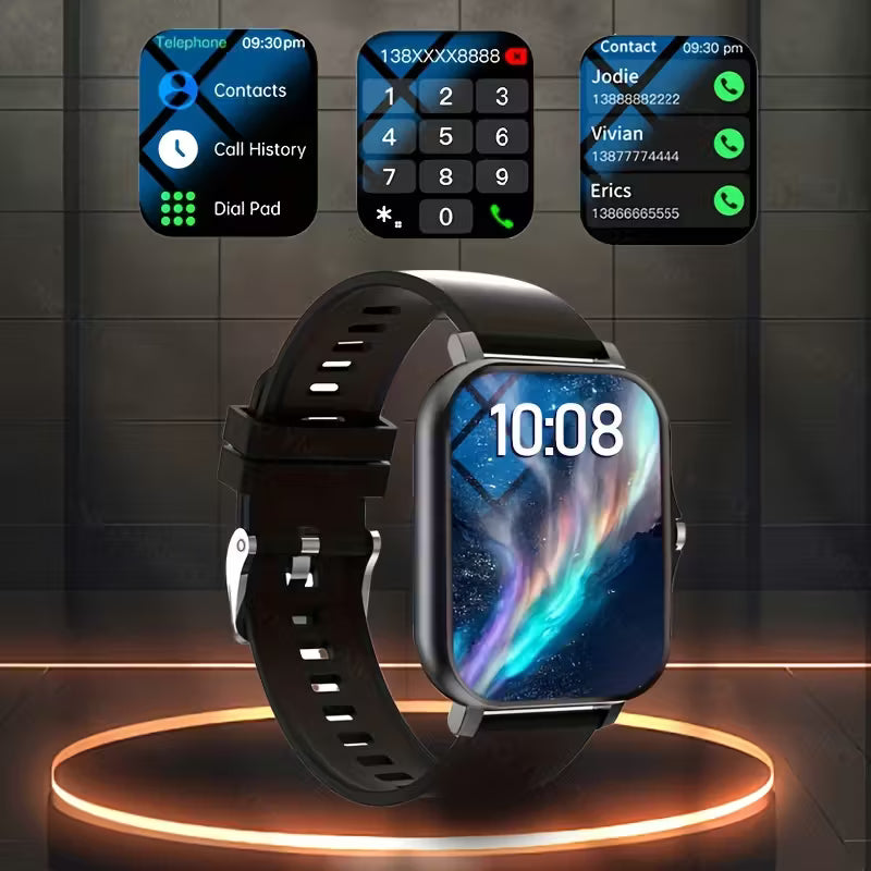 Smartwatch with digital display and app icons on a dark background