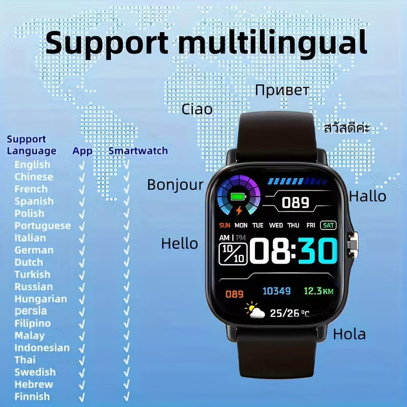 Smartwatch with multilingual support on a world map background
