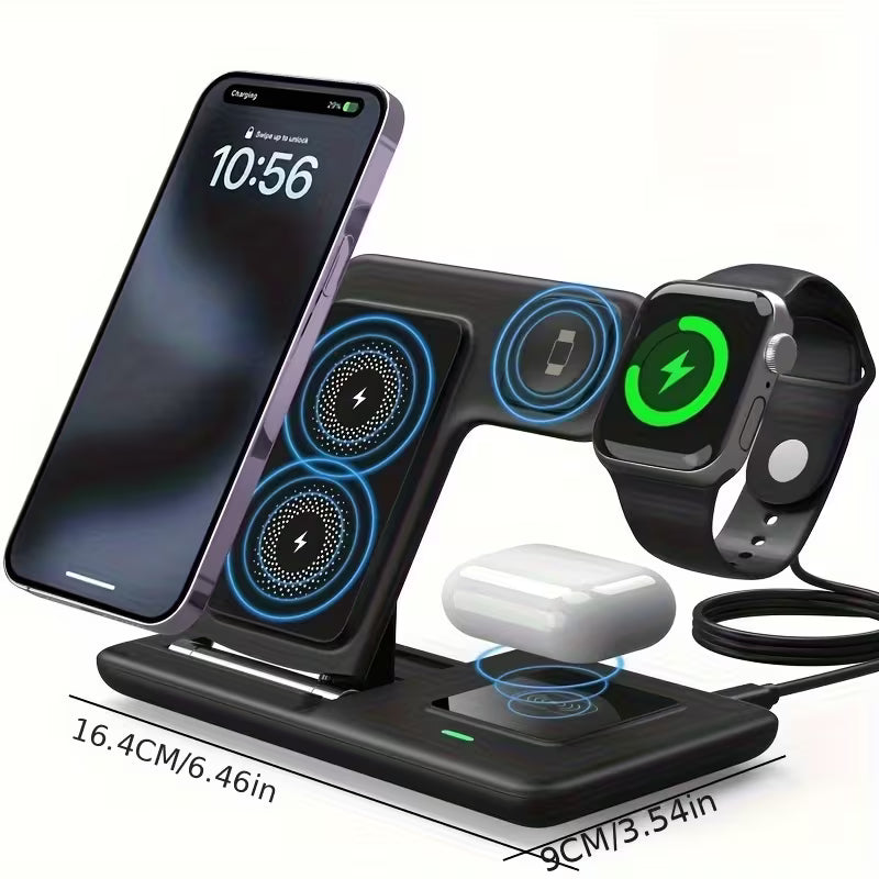 3-in-1 Fast Charging Station | Folding Wireless Charger Stand for iPhone 17/16/15/14/13/12/11/Pro/Max/Mini/8/Plus/X/XR/XS/X/SE, IWatch Ultra/Ultra2/10/9/8/7/6/5/4/3/