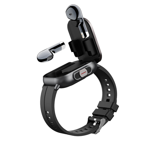 2-in-1 smart watch with built-in TWS wireless earbuds in black