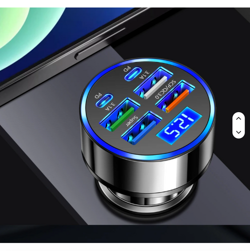 100W 6-in-1 Multi-Port Car Charger – Super Fast Charging with Digital Display for Mobile Phones & Devices