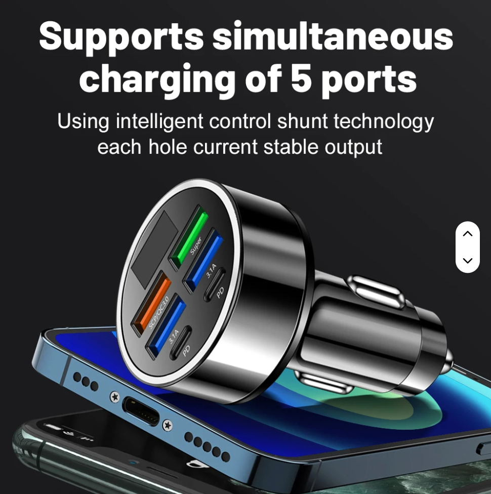 100W 6-in-1 Multi-Port Car Charger – Super Fast Charging with Digital Display for Mobile Phones & Devices