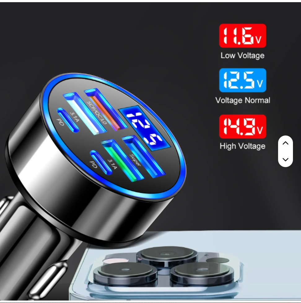 100W 6-in-1 Multi-Port Car Charger – Super Fast Charging with Digital Display for Mobile Phones & Devices