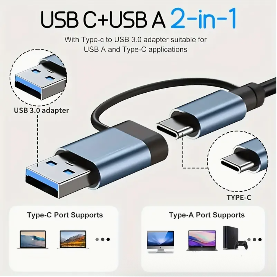 2-in-1 USB cable with Type-C and Type-A connectors 