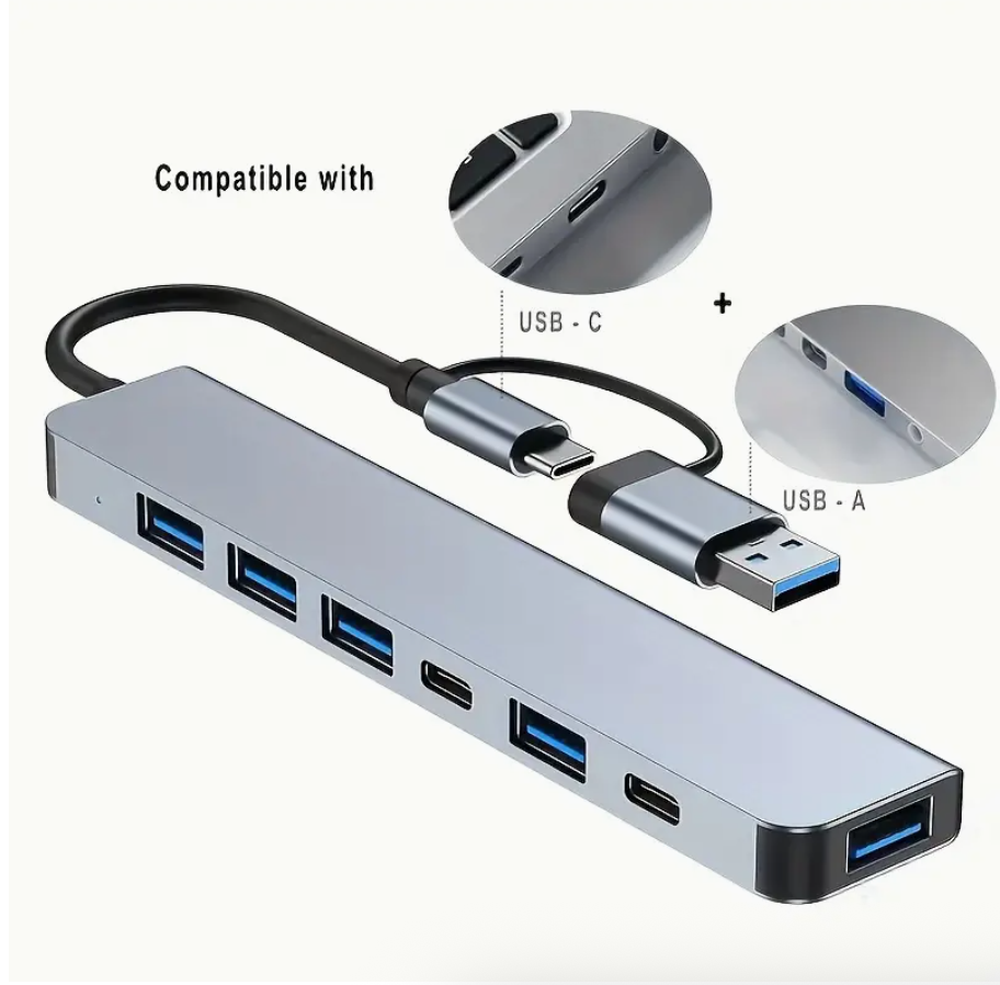 USB hub with multiple ports and compatibility with USB-C and USB-A 