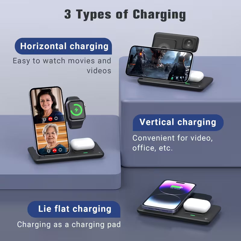 3-in-1 Fast Charging Station | Folding Wireless Charger Stand for iPhone 17/16/15/14/13/12/11/Pro/Max/Mini/8/Plus/X/XR/XS/X/SE, IWatch Ultra/Ultra2/10/9/8/7/6/5/4/3/