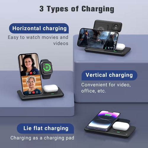 3-in-1 Fast Charging Station | Folding Wireless Charger Stand for iPhone 17/16/15/14/13/12/11/Pro/Max/Mini/8/Plus/X/XR/XS/X/SE, IWatch Ultra/Ultra2/10/9/8/7/6/5/4/3/