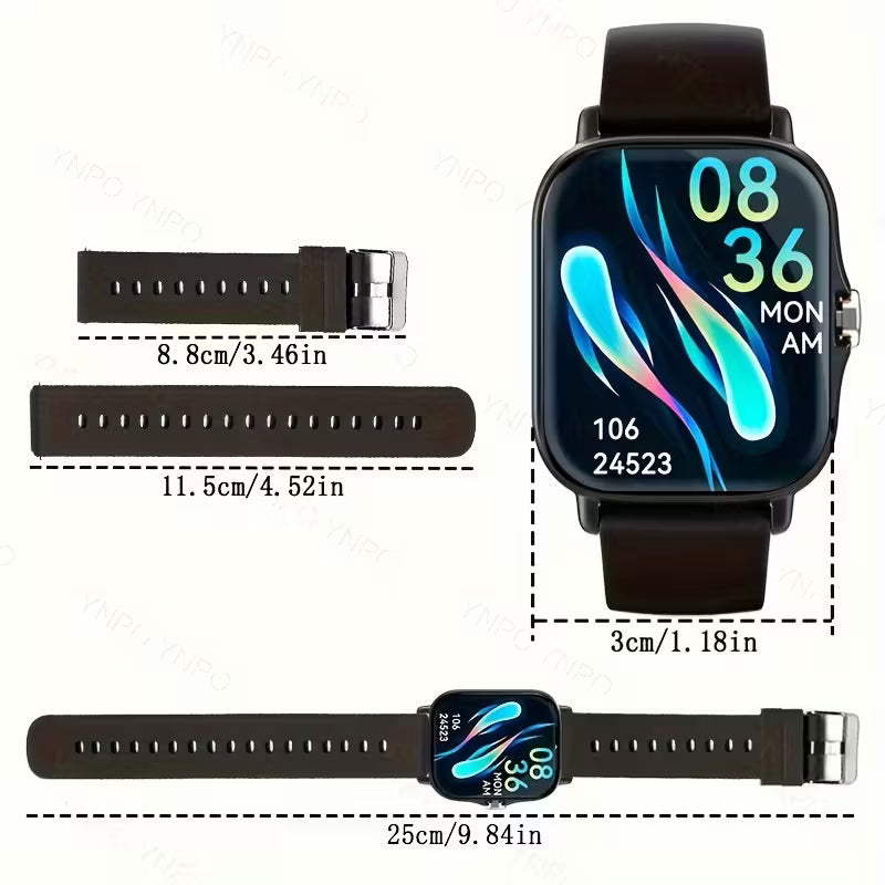 Smartwatch with interchangeable band shown with measurements 