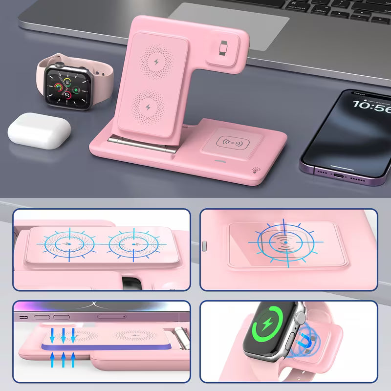 3-in-1 Fast Charging Station | Folding Wireless Charger Stand for iPhone 17/16/15/14/13/12/11/Pro/Max/Mini/8/Plus/X/XR/XS/X/SE, IWatch Ultra/Ultra2/10/9/8/7/6/5/4/3/